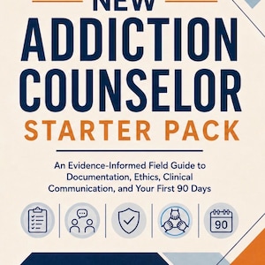 May include: A book cover titled NEW ADDICTION COUNSELOR STARTER PACK: An Evidence-Informed Field Guide to Documentation, Ethics, Clinical Communication, and Your First 90 Days by Dr. Bruce Philip Proc, Jr. The design features blue and orange text.