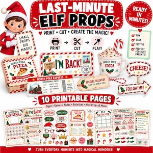 May include: A collection of printable Christmas elf props featuring signs, games, and notes. The set includes a North Pole pizza box, cocoa mug, boarding pass, and various speech bubbles with text like I'M BACK, CHEESE, and FOLLOW ME on ten pages.