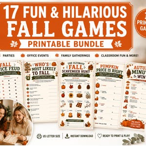 May include: A printable bundle of 17 autumn-themed games featuring titles like Fall Office Feud, Who's Most Likely To Fall, The Ultimate Fall Scavenger Hunt, Pumpkin Price Is Right, and Autumn Minute To Win It, displayed on A4 size paper sheets.