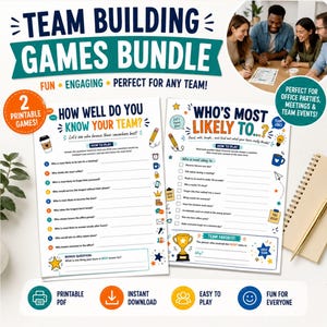 Può includere: Un pacchetto di giochi di team building con due fogli di attività stampabili intitolati How Well Do You Know Your Team e Who's Most Likely To. I fogli bianchi includono testo colorato, elenchi numerati di domande e piccole icone grafiche.