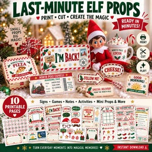 May include: A collection of printable Christmas elf props including signs, a North Pole Express boarding pass, a pizza box, and a cocoa mug. The set features 10 pages of games, notes, and activities with festive red and green text and graphics.