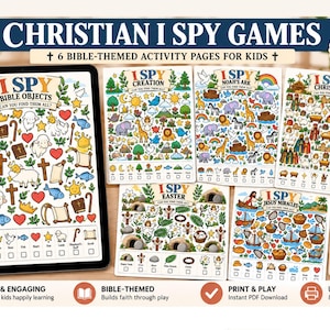 Może przedstawiać: Zestaw sześciu chrześcijańskich stron z aktywnościami I Spy dla dzieci, zawierający kolorowe ilustracje motywów biblijnych, takich jak Stworzenie świata, Arka Noego, Boże Narodzenie, Wielkanoc i cuda Jezusa. Strony zawierają listy kontrolne do wyszukiwania obiektów.