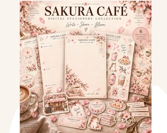 May include: A digital stationery collection titled Sakura Café featuring lined note paper, stickers, and tags decorated with cherry blossoms, café items, and cats. The set includes six designs with soft pink and cream tones, floral accents, and text.