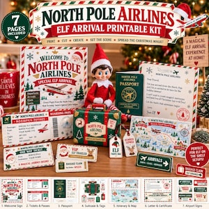 May include: A North Pole Airlines elf arrival printable kit featuring a welcome sign, boarding pass, passport, suitcase, luggage tags, flight map, letter, and airport signs. The set includes red, green, and white paper items with Christmas graphics.