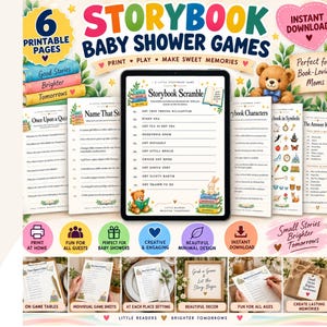 May include: A digital collection of six printable baby shower game pages featuring a storybook theme. The central tablet displays a Storybook Scramble game, surrounded by various game sheets, a teddy bear illustration, and colorful book stacks.
