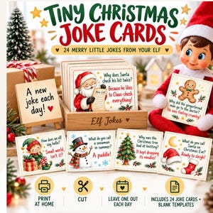 May include: A set of Tiny Christmas Joke Cards featuring 24 illustrated cards with holiday-themed jokes, a wooden holder labeled Elf Jokes, and a small easel sign reading A new joke each day. The cards display colorful graphics of Santa, a gingerbread man, an elf, a snowman, a Christmas tree, and holiday accessories.