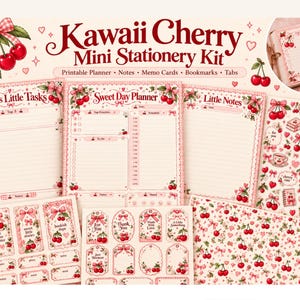 Może przedstawiać: Zestaw miniaturowych artykułów papierniczych Kawaii Cherry zawierający strony do planera, notatki, karty memo, zakładki i etykiety. Zestaw zawiera arkusze z ilustracjami wiśni, różowymi kokardkami oraz napisami takimi jak Sweet Day Planner.