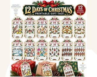 May include: A set of twelve printable gift tags featuring the 12 Days of Christmas theme. Each tag displays a unique illustration corresponding to the song, numbered one through twelve, with space for to and from names. The tags are decorated with holly and red bows.
