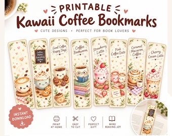 Kawaii kaffe utskrivbart brevpappersset, 21 bokmärken, klisterlappar, fickbokmärken, sött kaffe utskrivbart, amerikansk bokstav
