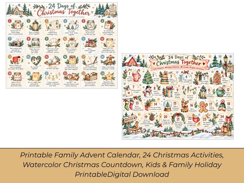 Printable Family Advent Calendar, 24 Christmas Activities, Watercolor ...