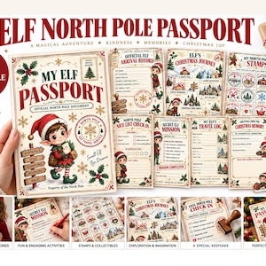 Könnte beinhalten: Ein 10-seitiges, ausdruckbares Elf-Nordpol-Reisepass-Set mit einem illustrierten Elf auf dem Umschlag, Ankunftsaufzeichnungen, Weihnachtskarten, Briefmarkensammlungen, geheimen Missionen, Reisetagebüchern, Erinnerungsseiten und abschließenden Check-in-Formularen.