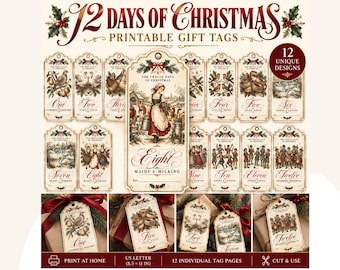 12 Tage Weihnachtsgeschenkanhänger, druckbare Vintage-Weihnachtsanhänger, elegante Weihnachtsgeschenkanhänger zum digitalen Download