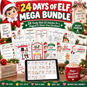 Puede incluir: Un paquete digital de 24 días de actividades de elfo con 24 juegos navideños listos para imprimir. La colección incluye varias hojas de actividades, listas de verificación y juegos con gráficos festivos en rojo y verde, mostrados en una tablet.