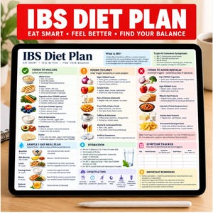 May include: A digital tablet displaying an IBS Diet Plan infographic with sections for foods to include, limit, and avoid, alongside a sample meal plan, hydration guide, symptom tracker, and lifestyle tips, all presented in a clear, organised layout.