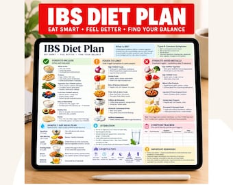 Plan alimentaire imprimable pour le syndrome de l'intestin irritable, tableau des aliments pauvres en FODMAP, guide des repas et suivi des symptômes (PDF à télécharger)