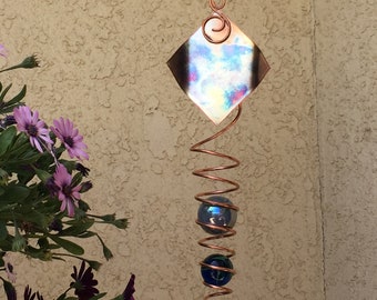 KINETIC ART HANDMADE Copper Wind Spinner 3 marbles in illusion spiral garden art handcrafted gifts copper patina yard art (Diamond 42mm)