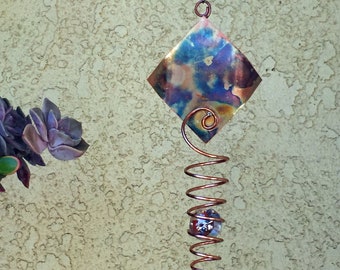 KINETIC ART HANDMADE Copper Wind Spinner 2 Glass Marbles in illusion spiral garden handcrafted copper patina yard art (Diamond 35mm clear)