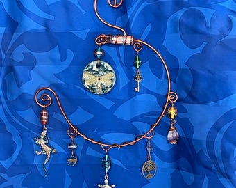 HANDMADE Whimsical Wire Art Chandelier, Clear Quartz Crystal, amethyst, cat, salamander, turtle Charms, Glass beads, Suncatcher Tree of Life