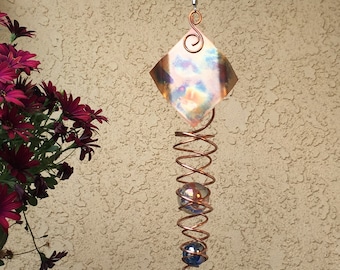 KINETIC ART Handmade Copper Wind Spinner DUAL spiral w/ 42mm glass sphere garden art handmade items whirlygig yard decor (Diamond Design)