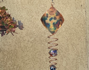 KINETIC ART HANDMADE Copper Wind Spinner w/ 50mm glass mega marble garden art handcrafted copper patina home decor (Diamond Design)