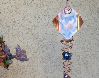 KINETIC ART Handmade Copper Wind Spinner 2 Marbles in illusion DUAL spiral garden art handcrafted patina yard decor (Diamond 35mm aqua)