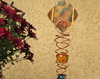 KINETIC ART Handmade Copper Wind Spinner DUAL spiral w/ 50mm glass sphere kinetic garden ornament copper art yard decor (Diamond Design)