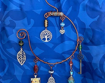 HANDMADE Whimsical Wire Art Chandelier with Fluorite Crystal Hamsa Hand Tree of Life Charms Glass beads Suncatcher Yard Art