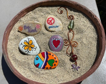 NEW BUNDLE 5x Acrylic Hand-Painted Rocks w/ 1x Whimsical Copper Wire Art (group #1)