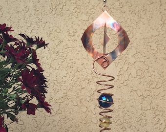 Handmade Copper Wind Spinner 3D design w/ 3 glass marbles