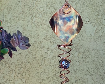 KINETIC ART Handmade Copper Wind Spinner 2 Marbles in illusion DUAL spiral garden art handcrafted yard decor (Diamond 35mm banded clear)