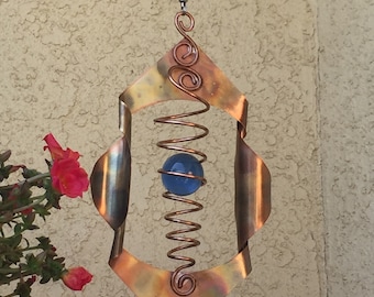 KINETIC YARD ART Handmade Wind Spinner Copper w/ 40mm quality glass sphere, home decor, garden art (original design)