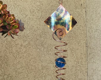 KINETIC ART HANDMADE Copper Wind Spinner w/ 50mm glass sphere garden art handcrafted copper items yard decor (Diamond Design)