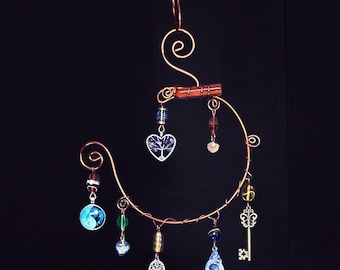 HANDMADE Whimsical Wire Art Chandelier Suncatcher with sm red jasper wand, Amethyst Tree of Life, Yin-Yang, Glass beads, Yard Art Home Decor