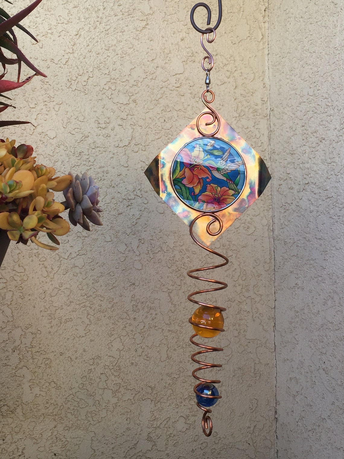 Handmade Copper Wind Spinner W/ Hummingbird orange Flower Etsy