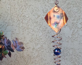 KINETIC ART HANDMADE Copper Wind Spinner 2 Marbles in illusion spiral garden art handcrafted copper patina yard decor (Diamond 35mm aqua)