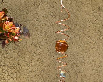 KINETIC ART Handcrafted Copper Whirlygig Illusion Spiral Spinner with Solid Glass Sphere Copper Yard Art (60mm sphere)