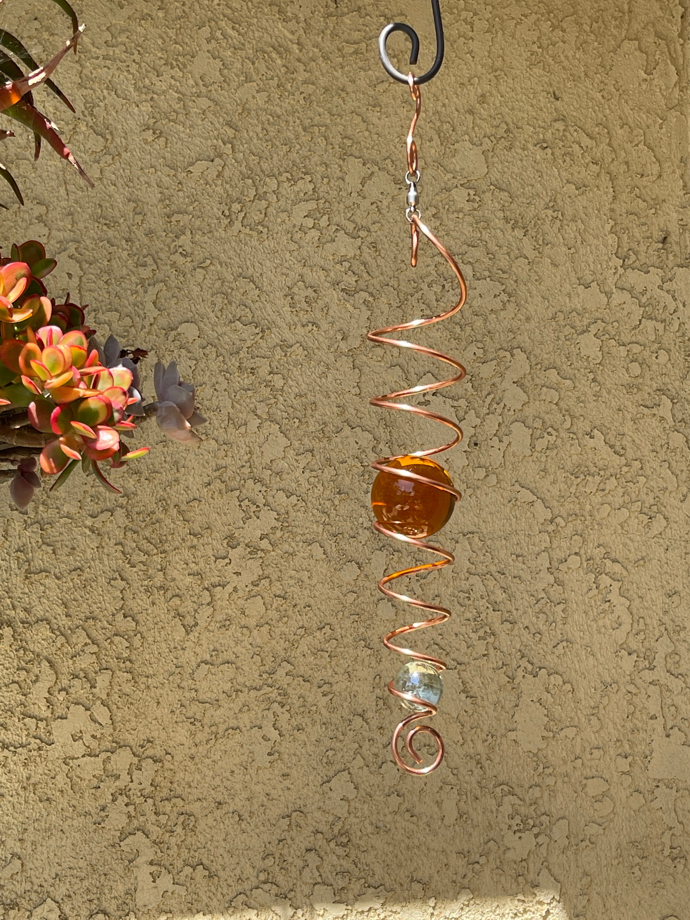KINETIC ART Handcrafted Copper Whirlygig Illusion Spiral Spinner with Solid Glass Sphere Copper Yard Art (60mm sphere)