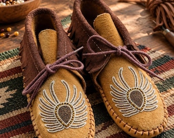 Handmade Leather Moccasins | Beaded Native Inspired Shoes | Fringe Ankle Boots | Rustic Boho Footwear | Artisan Slip On Shoes