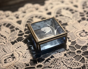 Vintage Tiny Etched Brass Glass Trinket Box Mini Jewelry Box Ring Box Curio Display Cottagecore Vanity Decor