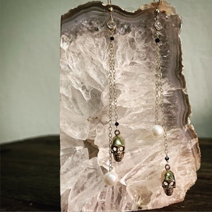 Freshwater pearl skull earrings - long dangle earrings -statement jewelry -Skulls