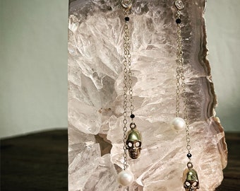 Freshwater pearl skull earrings - long dangle earrings -statement jewelry -Skulls