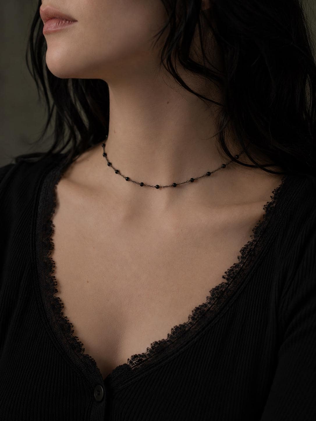 Black Onyx Rosary Choker Necklace | Oxidized Silver | Gothic