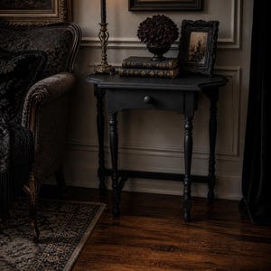 Vintage Black Side Table – Chalk Paint Finish – Gothic Farmhouse Accent Table – One Drawer Nightstand – black table-Elegant Nightmares Decor