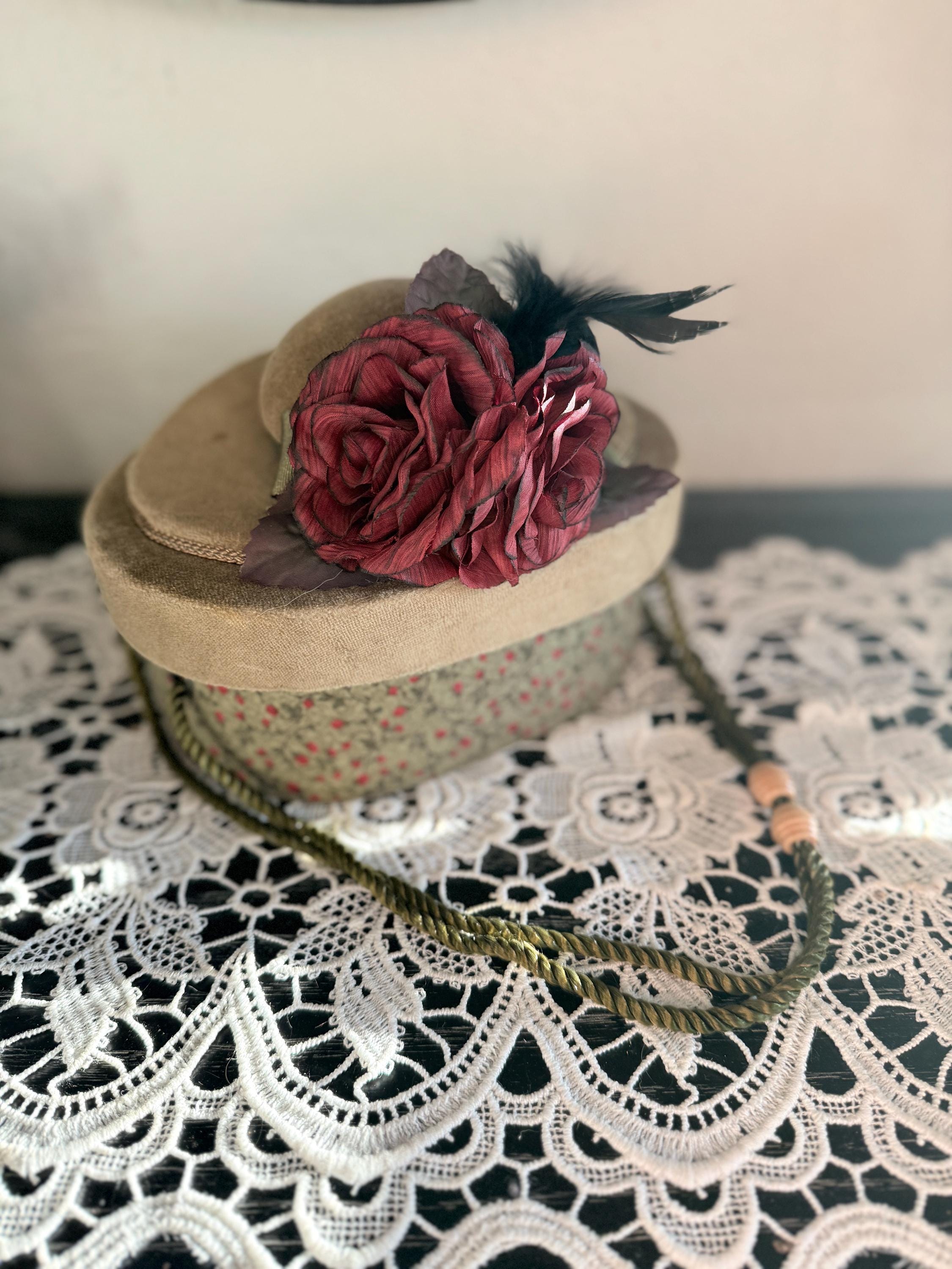 Barrington Velvet Decorative Hat Box with Deep Red Velvet Purple Feathers 8” dia Vintage Velvet Hatbox With Red Rose & Feather Accent  main image 2