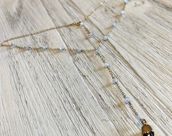 Skull and moonstone lariat necklace- edgy simplistic style necklace for girlfriend gift