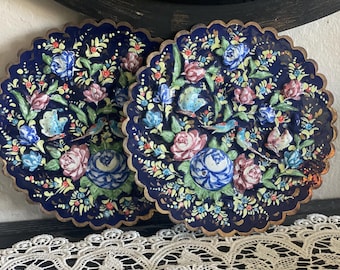 Pair Persian Minakari Enamel Plate, Vintage Artisan Plate, Unique Embossed Floral and Bird Design, Gold Accents, Scalloped Edge,Wall Hanging