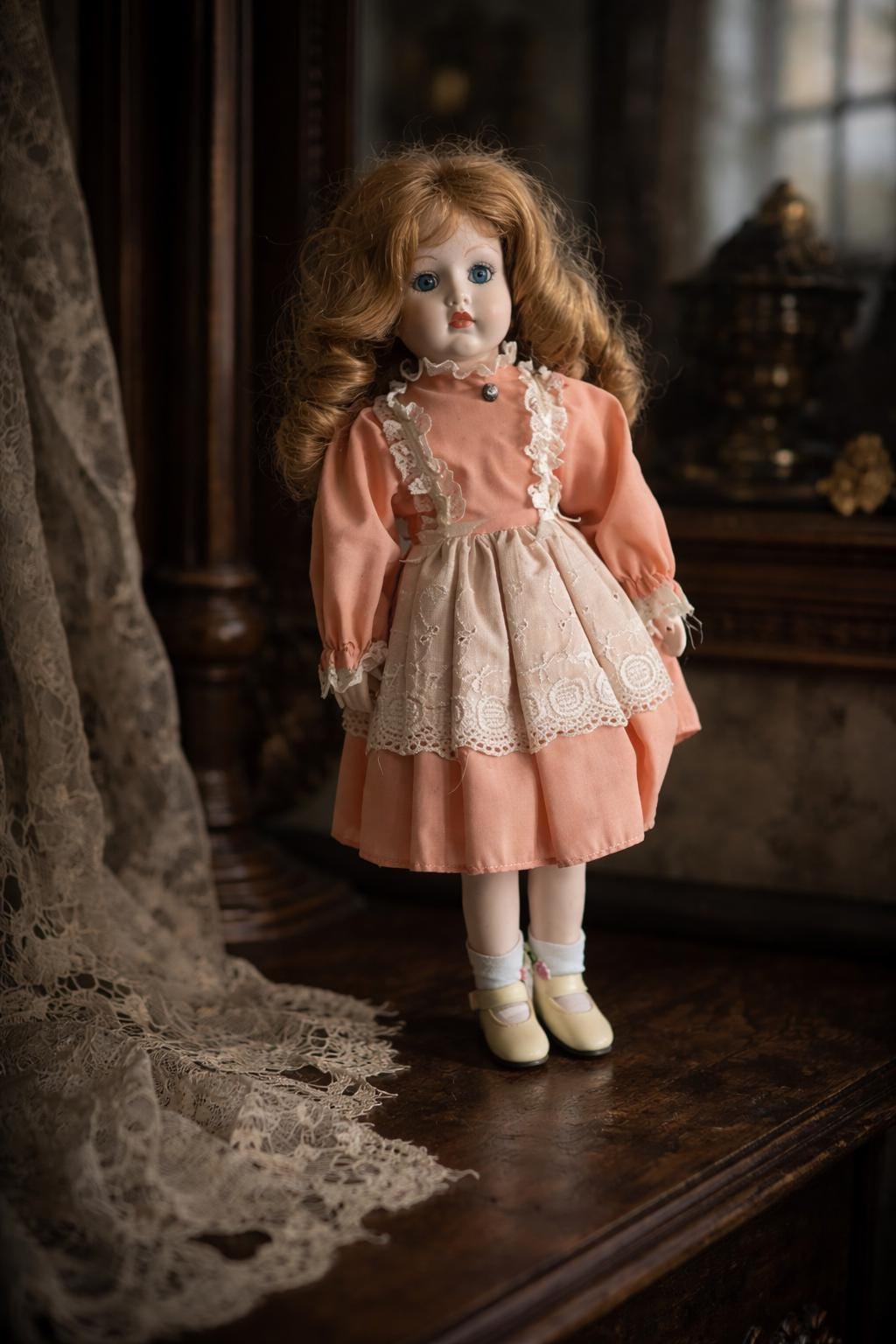 Antique Style Bisque Doll With Bonnet – Hand-painted Porcelain
