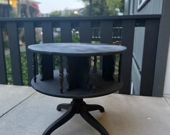 Refinished Revolving Side Table – Vintage Spindle Magazine Table – Matte Black- midcentury modern table