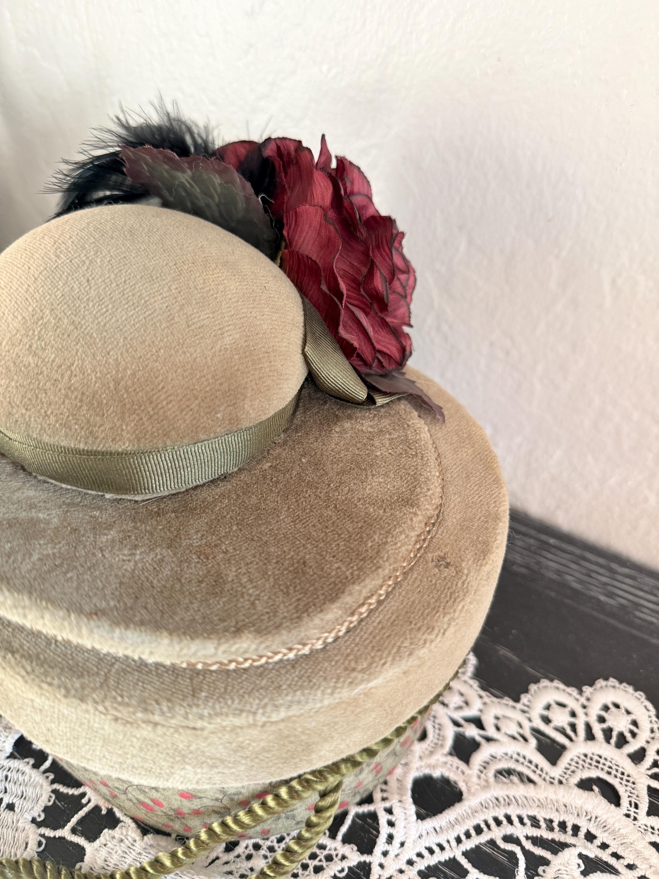 Vintage Velvet Hatbox With Red Rose & Feather Accent 