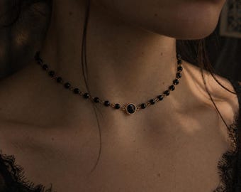 Black Onyx Choker Necklace, Gold Filled Dainty Choker, Minimalist Gemstone Necklace, Dark Feminine Jewelry, Elegant Nightmares